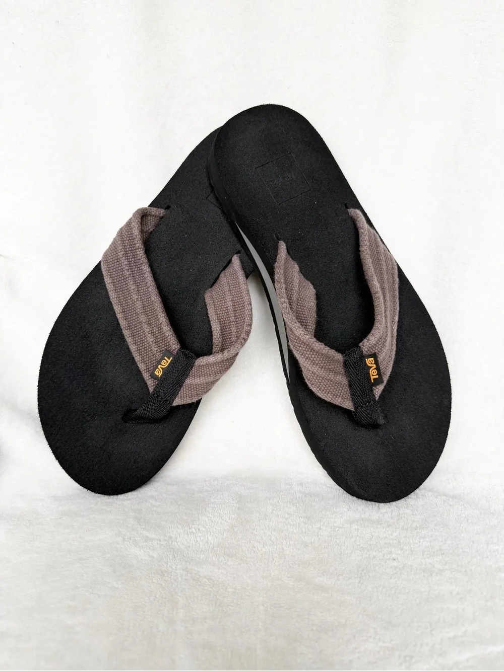 Teva Mush II Canvas Men’s Black Flip Flop Sandals with Taupe Straps Size 7
